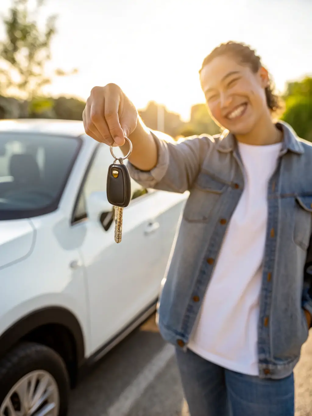 A person smiling while holding keys to a new car, symbolizing the possibility of auto loan with Santander.