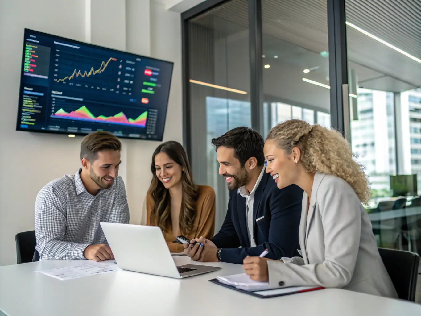 A diverse group of people collaborating in a modern office setting, subtly incorporating the Mercury logo, to represent Mercury's broader financial services.